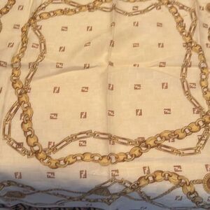 Fendi Chain Print Square Scarf FF Beige Gold Classic Logo Brown Border Luxury